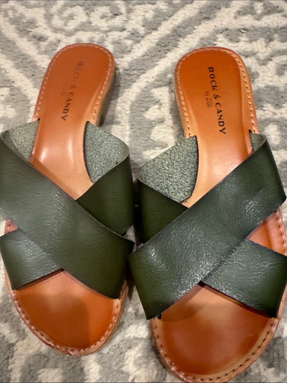 Rock & Candy Women's Dark Olive Cross-Strap Slide Sandals